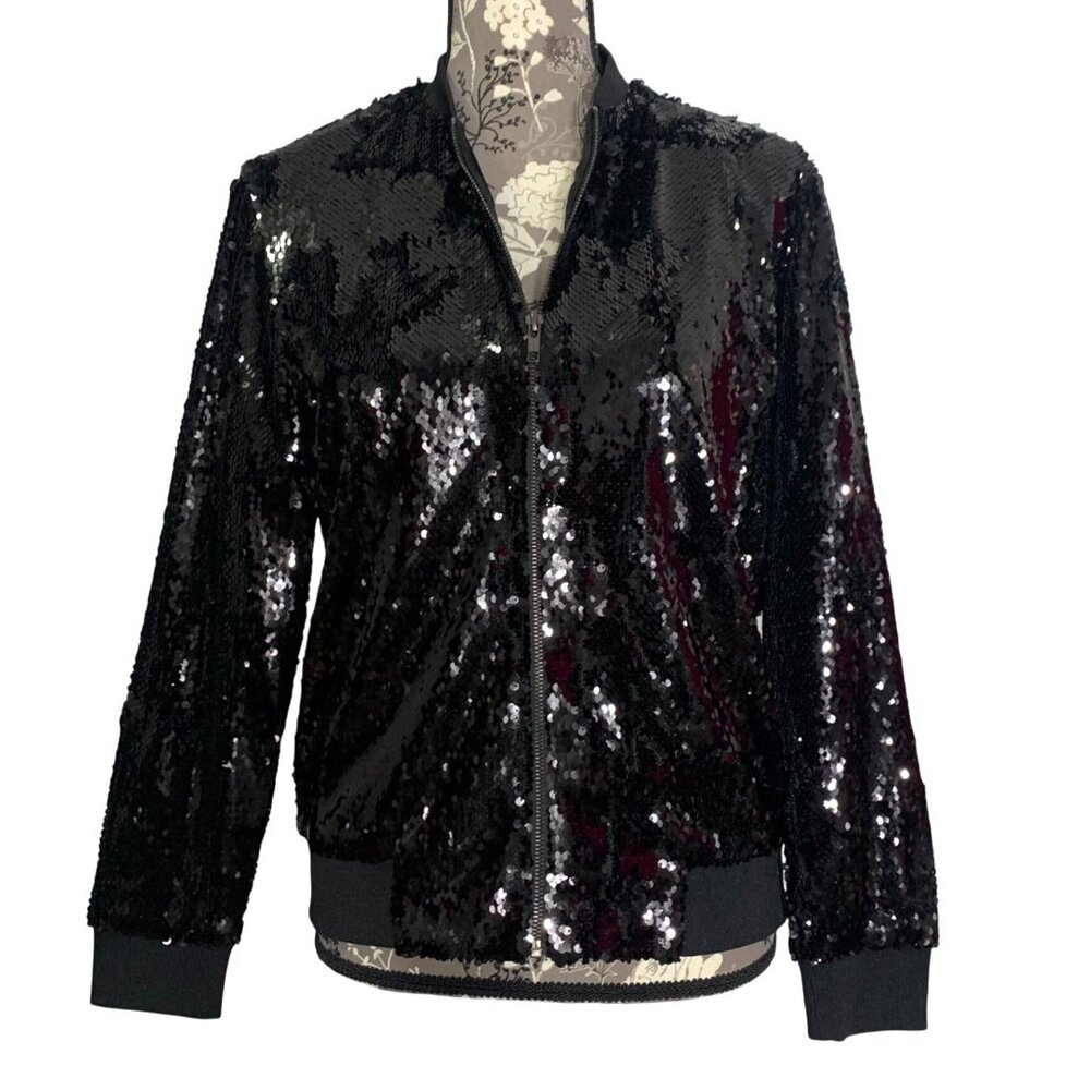 HANCY Bomber Jacket Sequin Fitted Black Sequence Zip Up Blazer SZ Small EUC